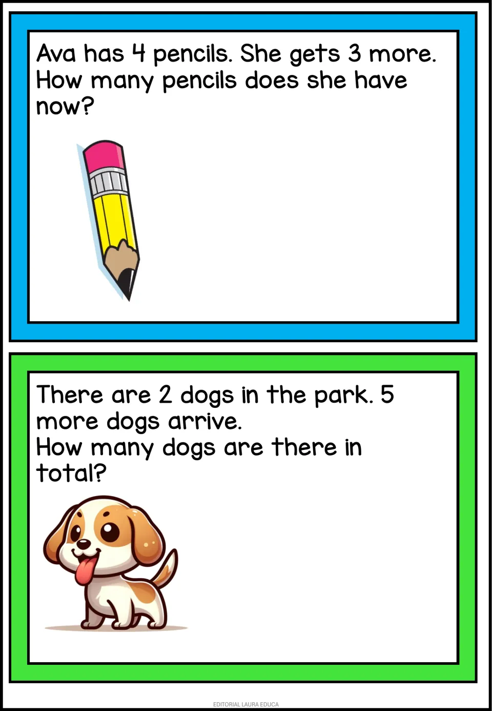 Word problems on combining: Ava has 4 pencils and gets 3 more; 2 dogs in a park plus 5 arrive, find each total