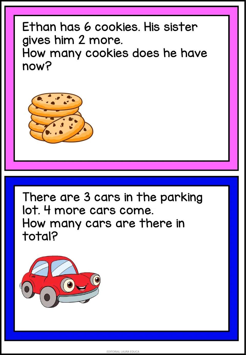 Addition stories: Ethan has 6 cookies and his sister gives 2 more; 3 cars in a parking lot plus 4 more come, students add