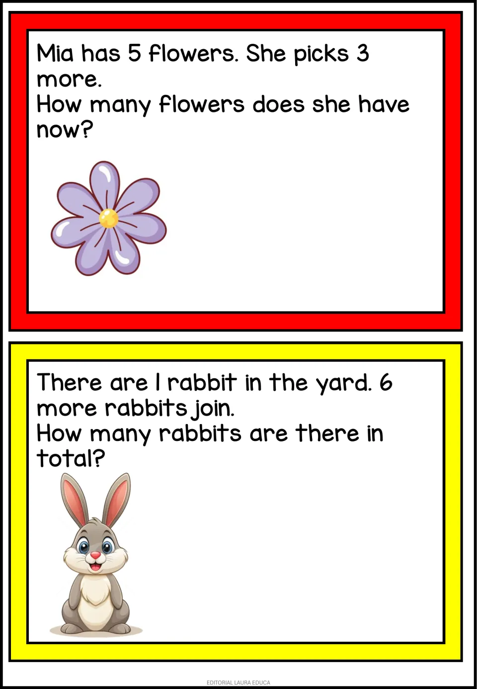 Story sums: Mia has 5 flowers and picks 3 more; 1 rabbit in a yard is joined by 6, students work out the totals