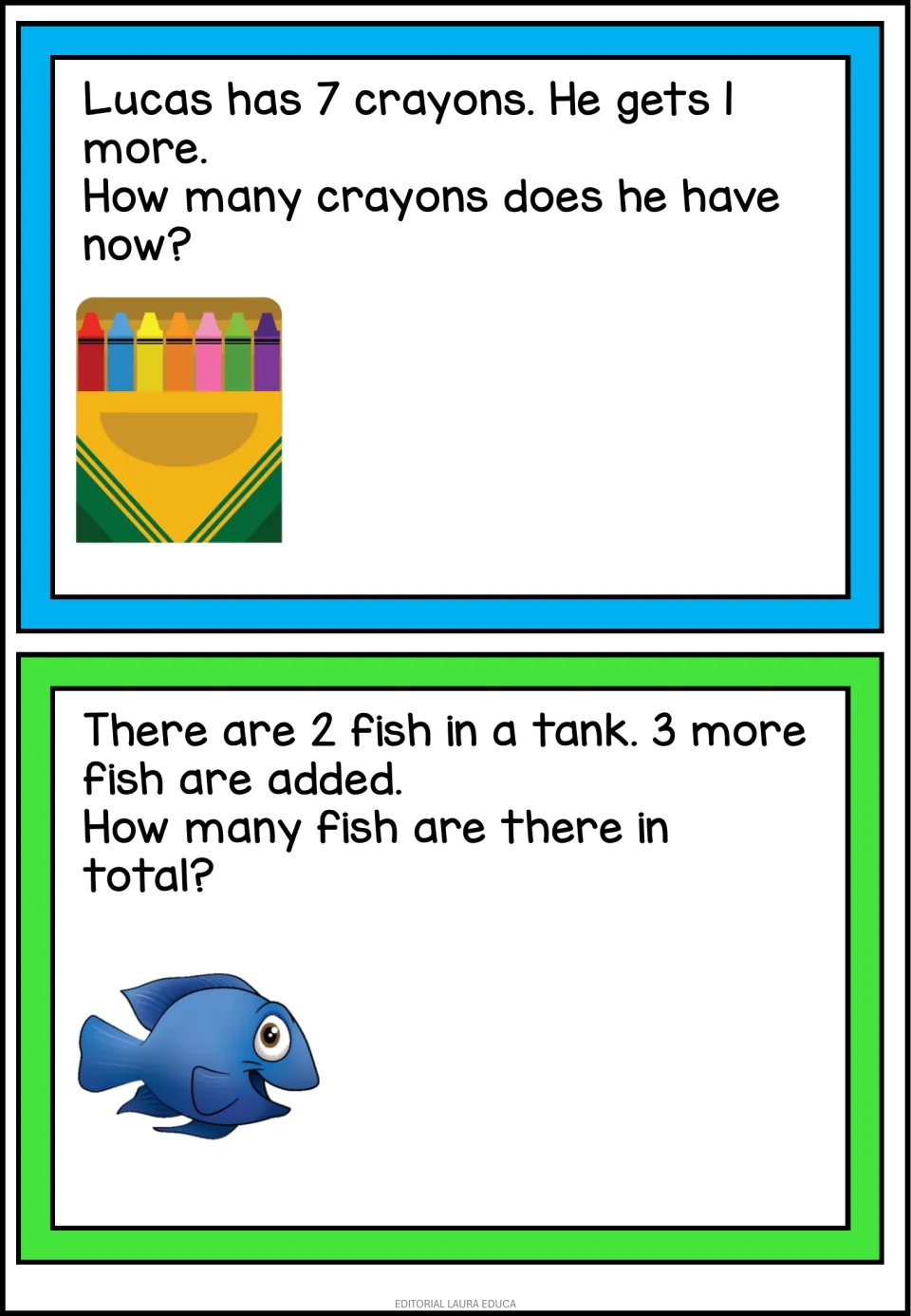Joining problems: Lucas has 7 crayons and gets 1 more; 2 fish in a tank and 3 are added, students solve each