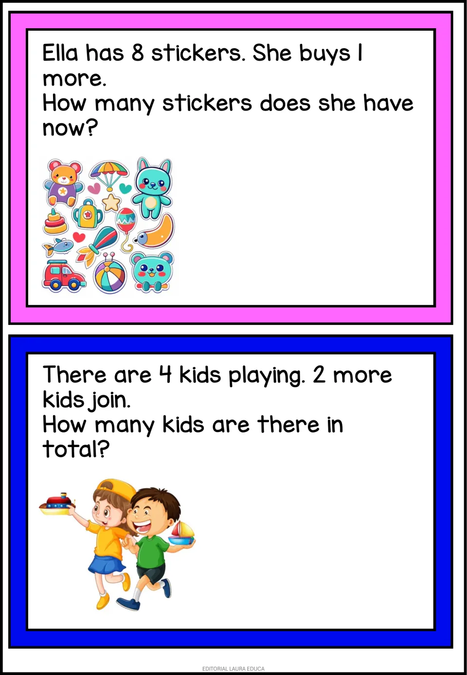 Adding small numbers: Ella has 8 stickers and buys 1 more; 4 kids playing are joined by 2, students find totals