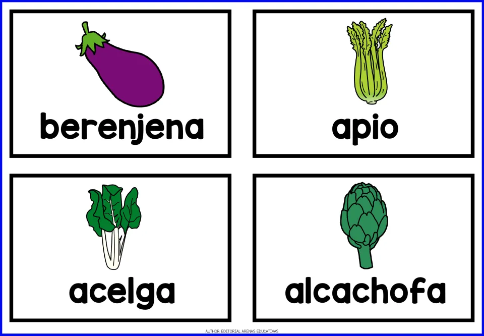 Spanish vegetable cards 1–4: berenjena (eggplant), apio (celery), acelga (chard) and alcachofa (artichoke)