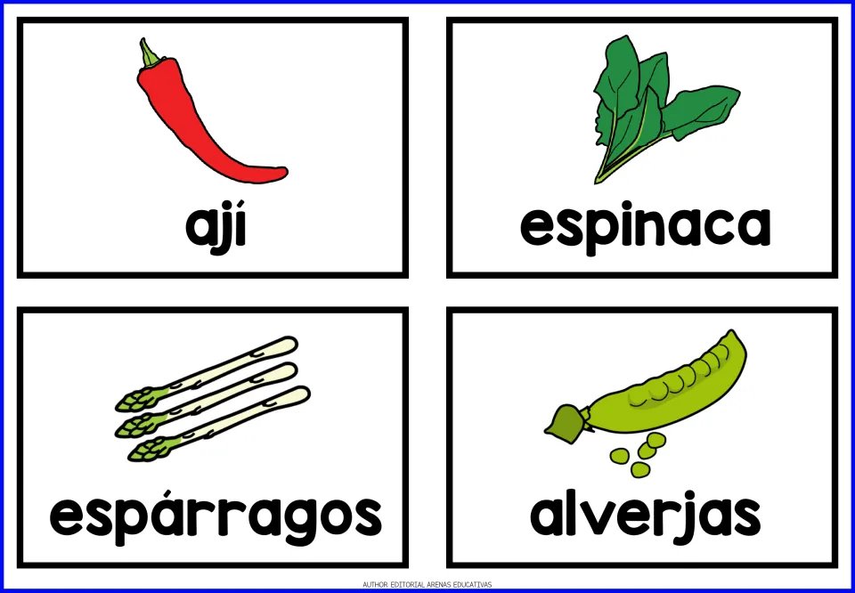 Spanish vegetable cards 9–12: ají (chili pepper), espinaca (spinach), espárragos (asparagus) and alverjas (peas)