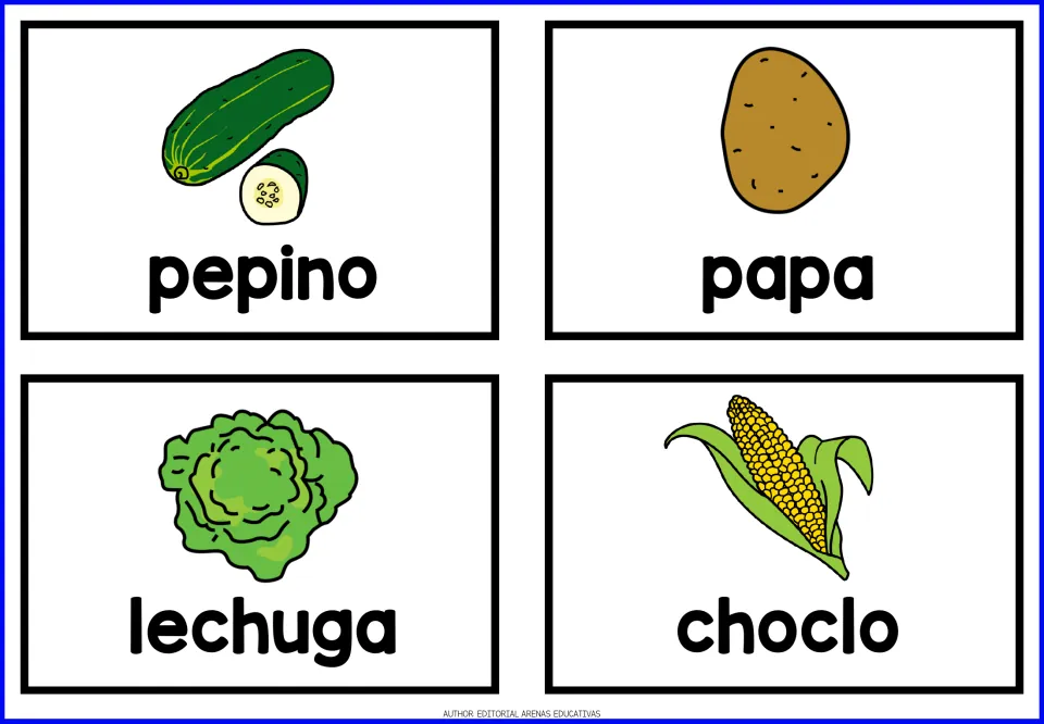 Spanish vegetable cards 13–16: pepino (cucumber), papa (potato), lechuga (lettuce) and choclo (corn)