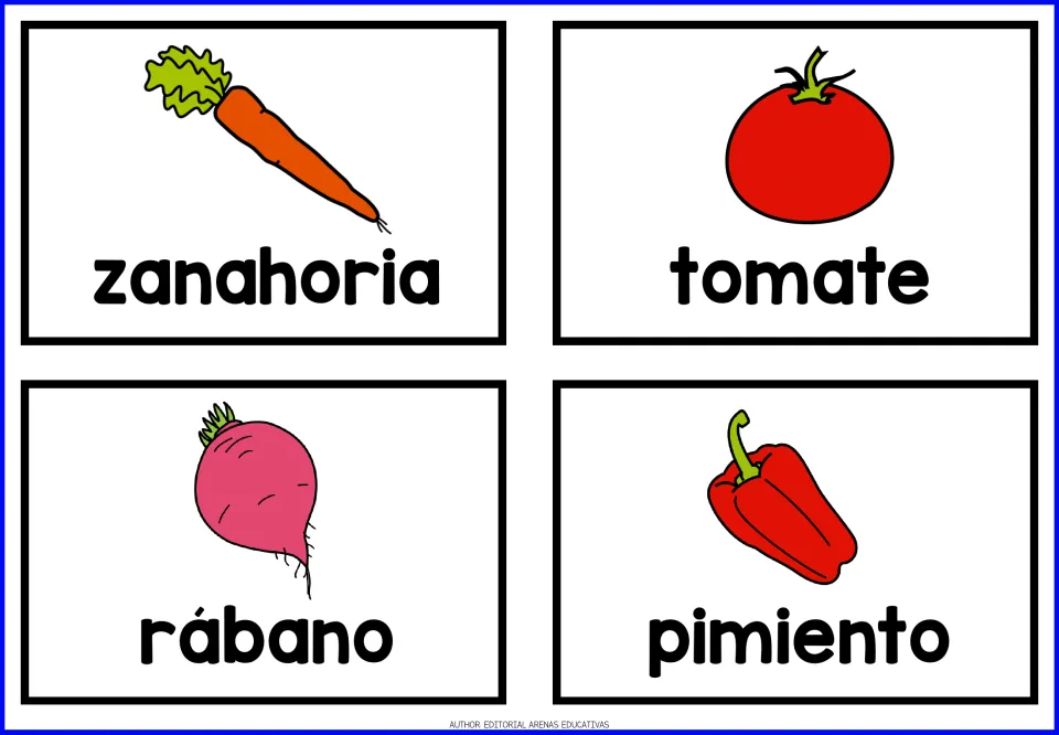 Spanish vegetable cards 17–20: zanahoria (carrot), tomate (tomato), rábano (radish) and pimiento (pepper)