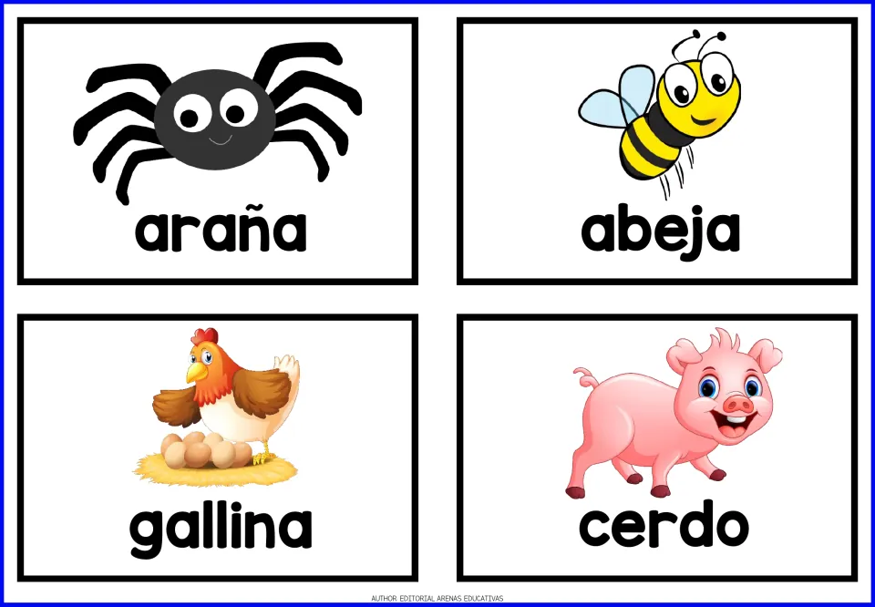 Spanish animal flashcards 1–4: araña (spider), abeja (bee), gallina (hen), and cerdo (pig), with pictures