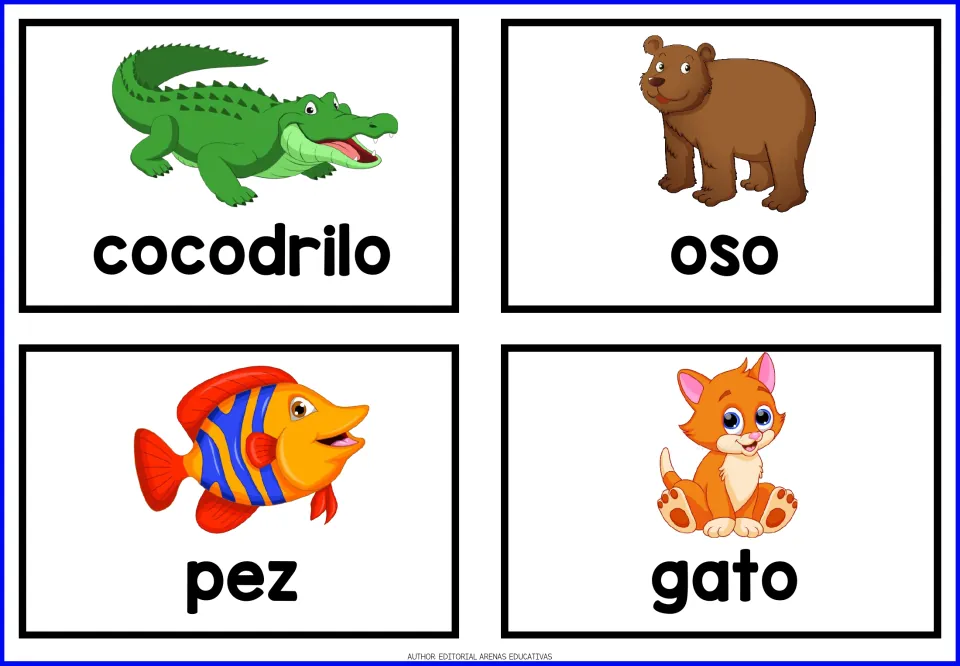Spanish animal flashcards 5–8: cocodrilo (crocodile), oso (bear), pez (fish), and gato (cat), with pictures