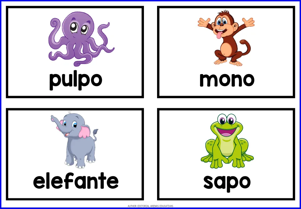 Spanish animal flashcards 9–12: pulpo (octopus), mono (monkey), elefante (elephant), and sapo (toad)