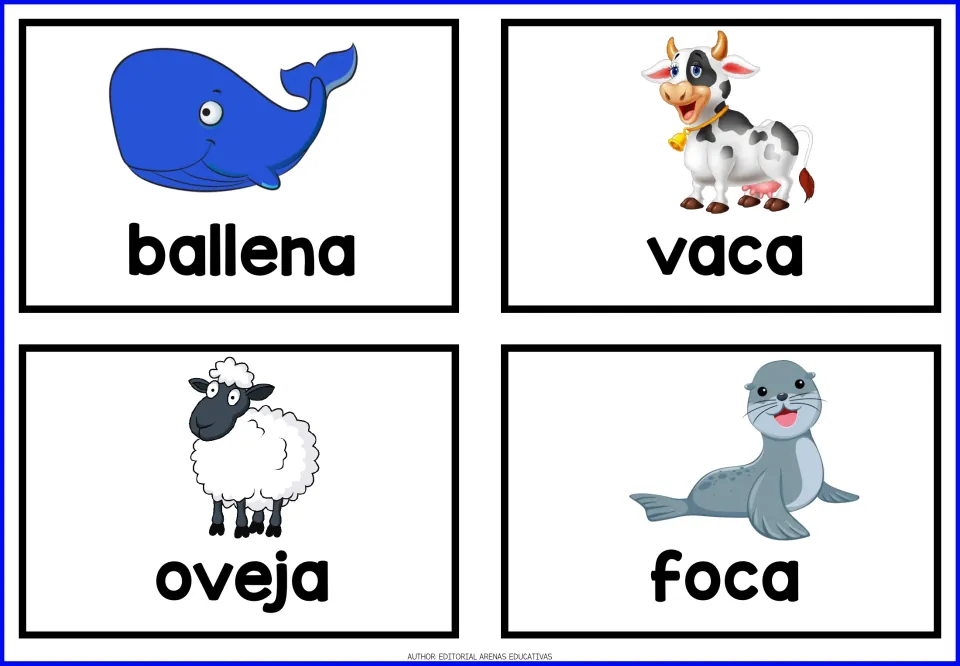 Spanish animal flashcards 13–16: ballena (whale), vaca (cow), oveja (sheep), and foca (seal), with pictures