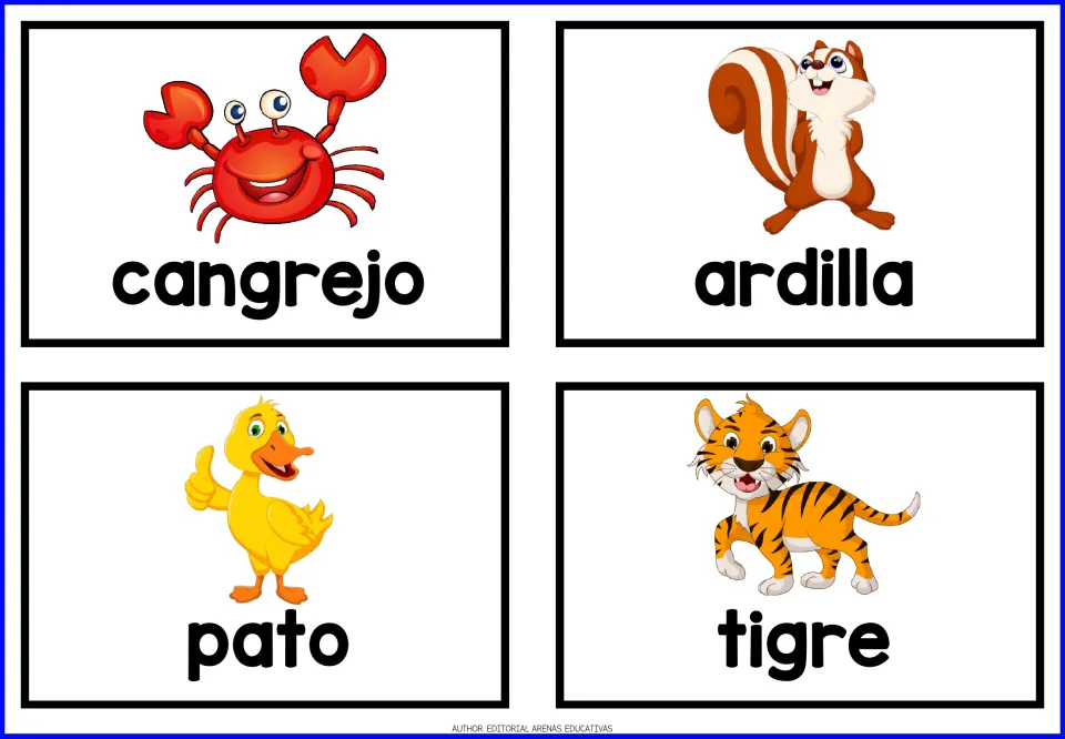 Spanish animal flashcards 17–20: cangrejo (crab), ardilla (squirrel), pato (duck), and tigre (tiger)