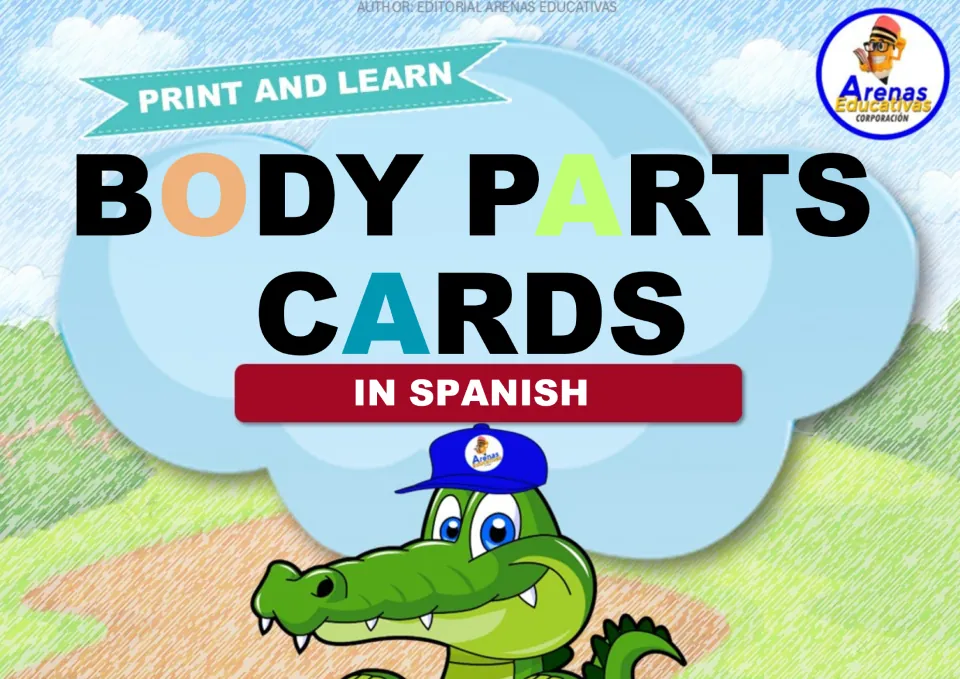 Cover of the Spanish body-part flashcard set, headed 'Body Parts Cards in Spanish' and 'Print and Learn'