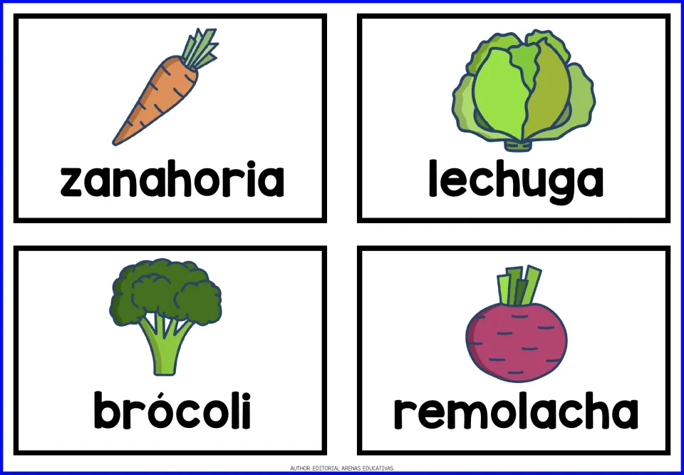 Spanish food cards 1–4: zanahoria (carrot), lechuga (lettuce), brócoli (broccoli), and remolacha (beet)
