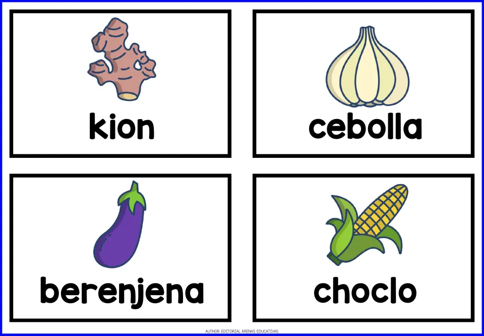 Spanish food cards 5–8: kion (ginger), cebolla, berenjena (eggplant), and choclo (corn), with pictures