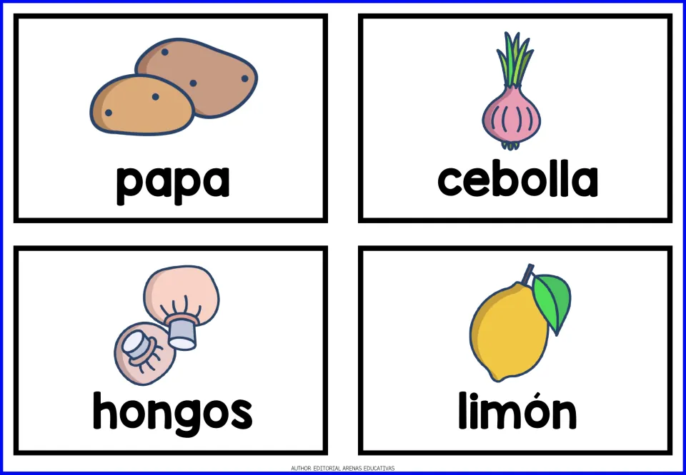 Spanish food cards 9–12: papa (potato), cebolla (onion), hongos (mushrooms), and limón (lemon)