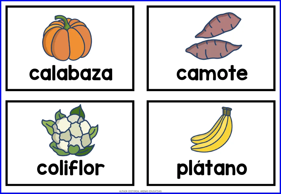 Spanish food cards 13–16: calabaza (pumpkin), camote (sweet potato), coliflor (cauliflower), and plátano