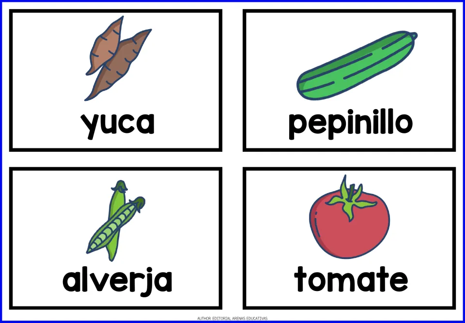 Spanish food cards 17–20: yuca (cassava), pepinillo (cucumber), alverja (pea), and tomate (tomato)