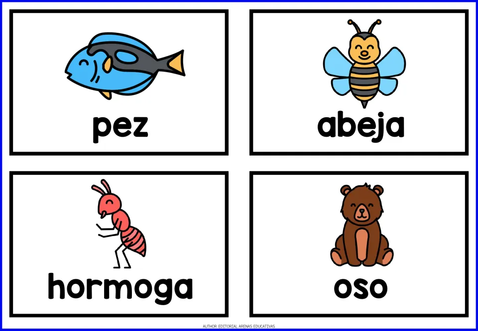 Spanish animal cards 1–4: pez (fish), abeja (bee), hormoga (ant) and oso (bear), each with a picture.