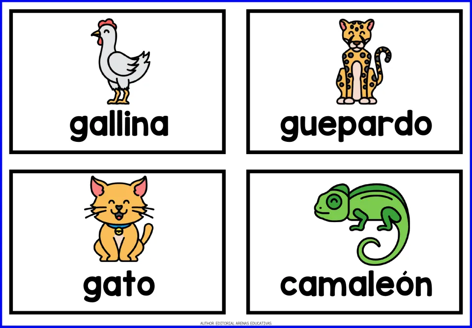 Spanish animal cards 5–8: gallina (hen), guepardo (cheetah), gato (cat) and camaleón (chameleon).