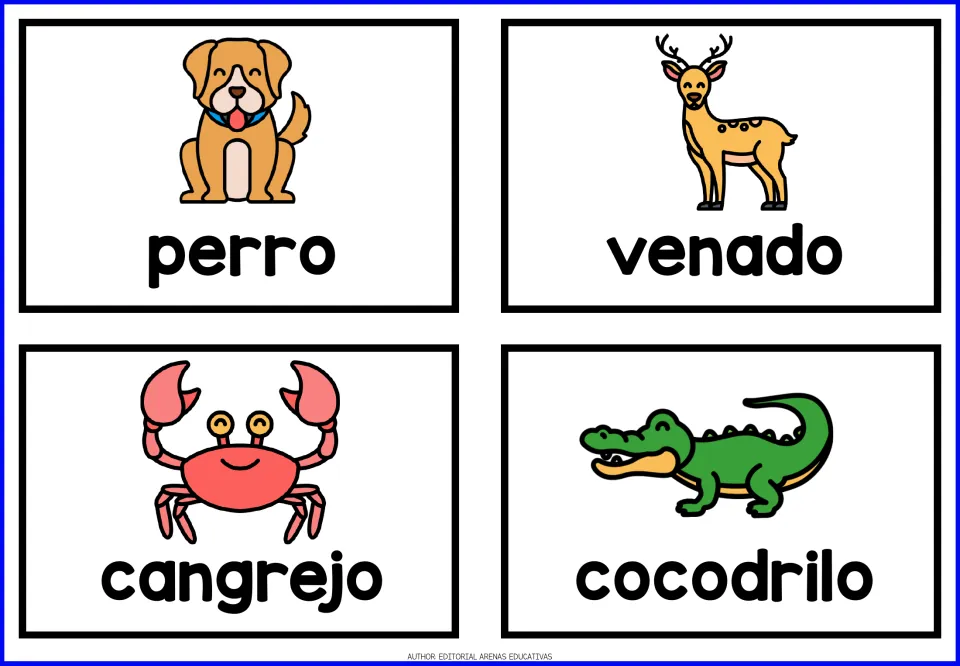 Spanish animal cards 9–12: perro (dog), venado (deer), cangrejo (crab) and cocodrilo (crocodile).