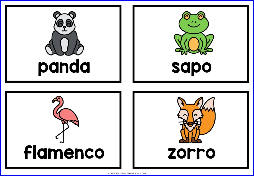 Spanish animal cards 13–16: panda (panda), sapo (toad), flamenco (flamingo) and zorro (fox), with pictures.