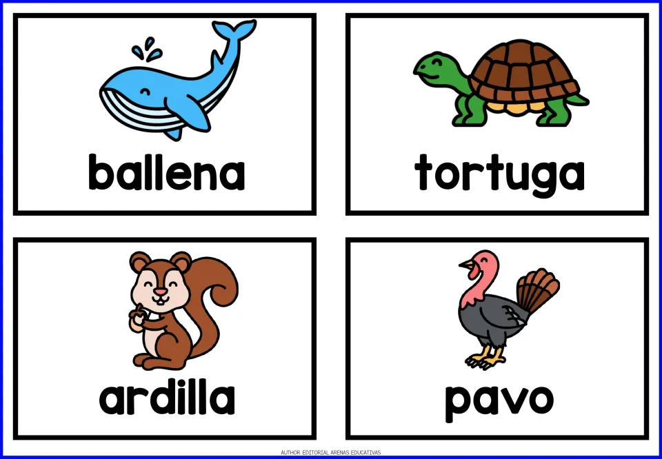 Spanish animal cards 17–20: ballena (whale), tortuga (turtle), ardilla (squirrel) and pavo (turkey).