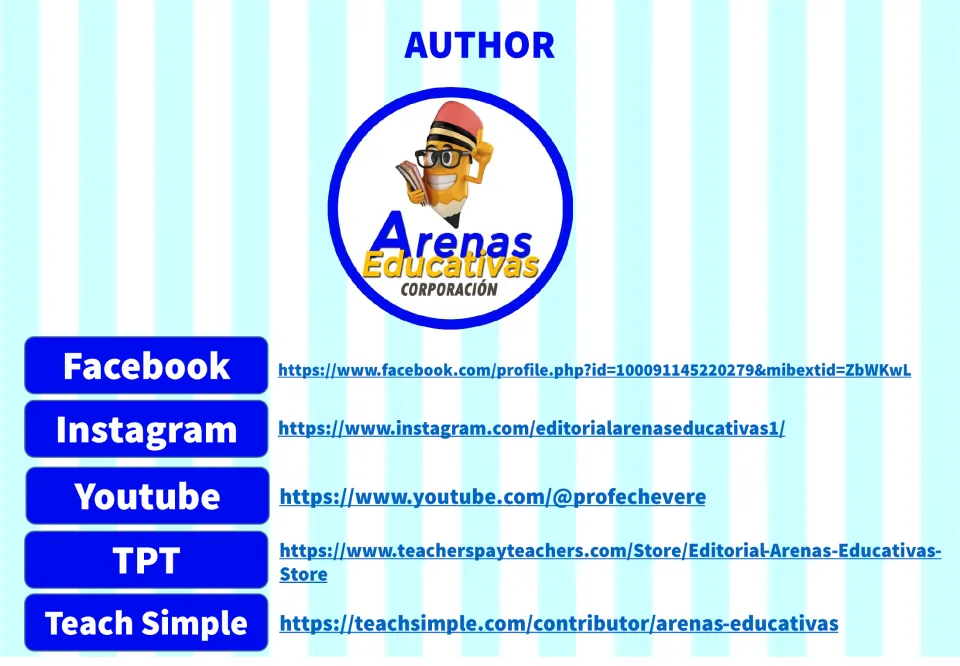 Author information for the Spanish animal flashcard set, naming Arenas Educativas and listing its links.