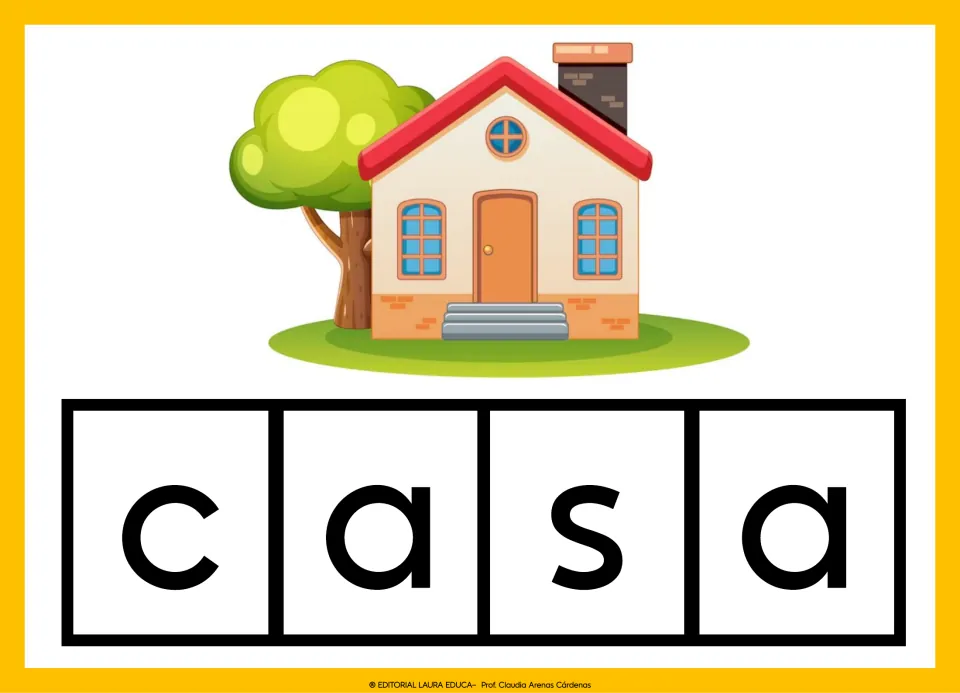 Spanish vocabulary card 1: casa (house), illustrated by a house, with the word separated into letters.
