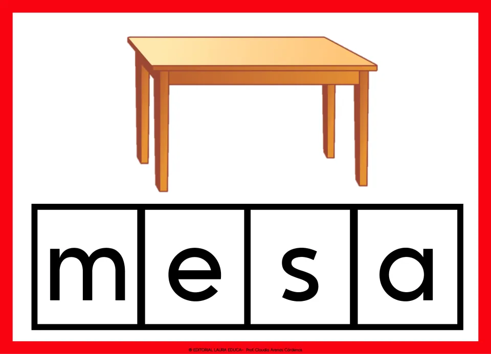 Spanish vocabulary card 2: mesa (table), illustrated by a table, with the word separated into letters.