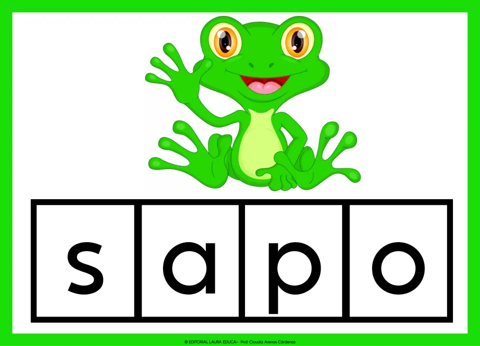 Spanish vocabulary card 3: sapo (toad), illustrated by a green toad, with the word separated into letters.
