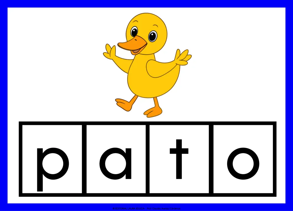 Spanish vocabulary card 4: pato (duck), illustrated by a yellow duck, with the word separated into letters.
