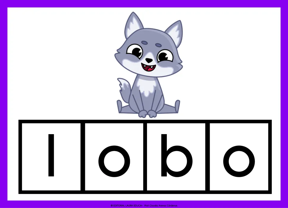 Spanish vocabulary card 5: lobo (wolf), illustrated by a gray wolf, with the word separated into letters.
