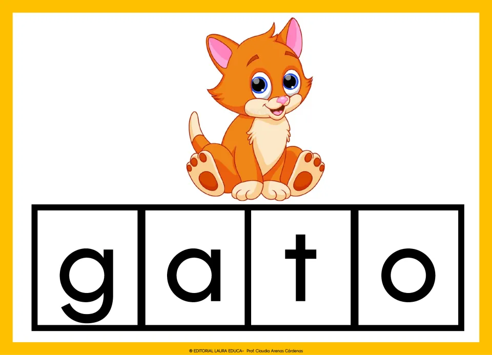 Spanish vocabulary card 6: gato (cat), illustrated by an orange cat, with the word separated into letters.