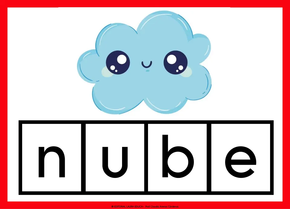 Spanish vocabulary card 7: nube (cloud), illustrated by a blue cloud, with the word separated into letters.