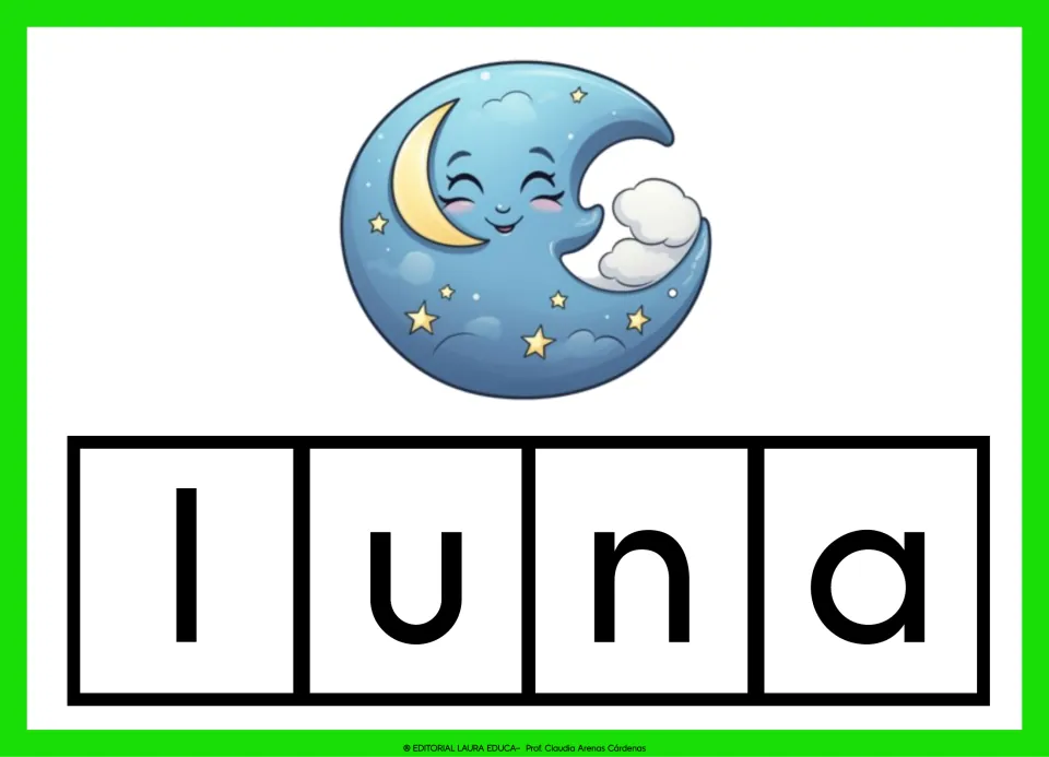 Spanish vocabulary card 8: luna (moon), illustrated by a crescent moon, with the word separated into letters.