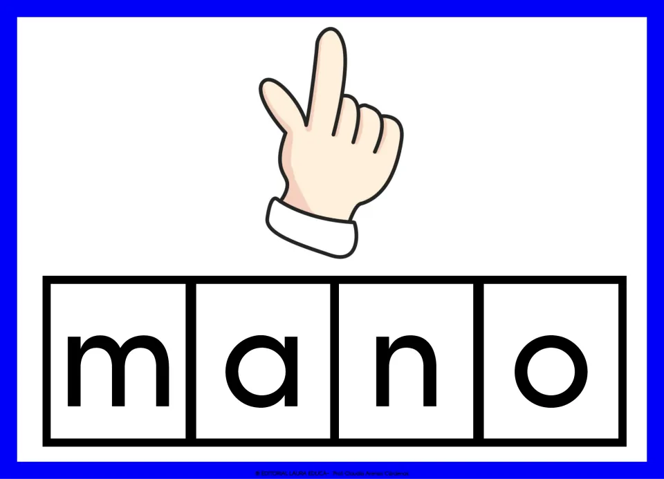 Spanish vocabulary card 9: mano (hand), illustrated by a pointing hand, with the word separated into letters.