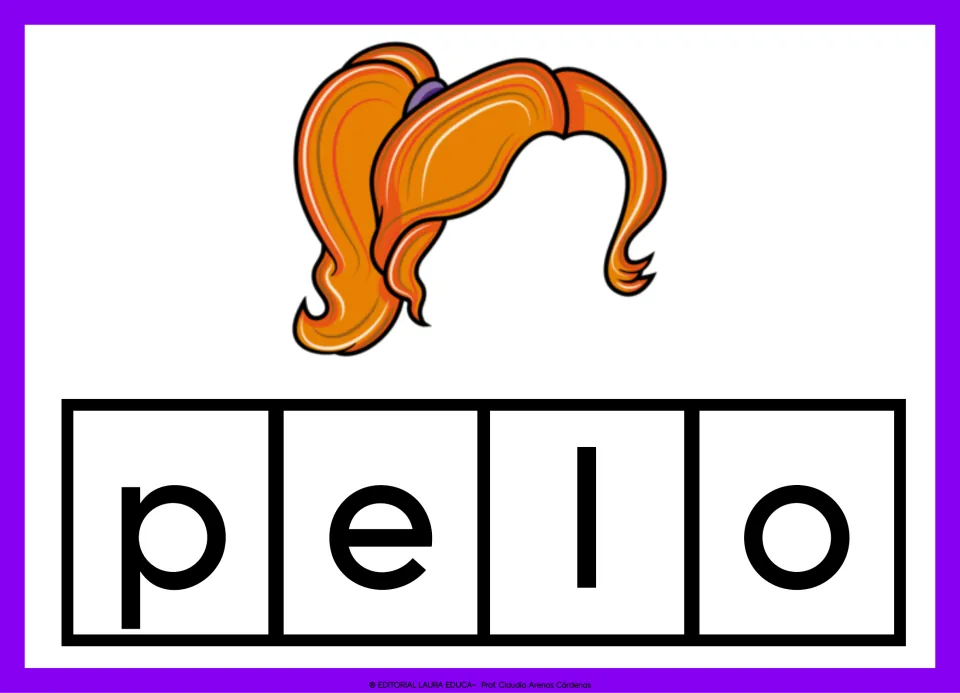 Spanish vocabulary card 10: pelo (hair), illustrated by orange hair, with the word separated into letters.