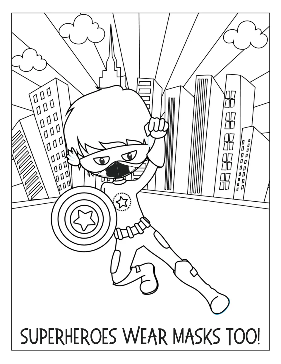 Masked hero coloring page: students color a hero with a star shield and raised fist leaping past city skyscrapers