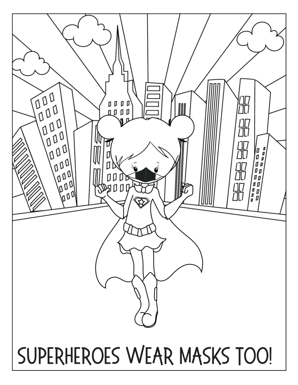 Wear masks too coloring page: students color a hero with hair buns, a cape and a face mask, fists up before city towers