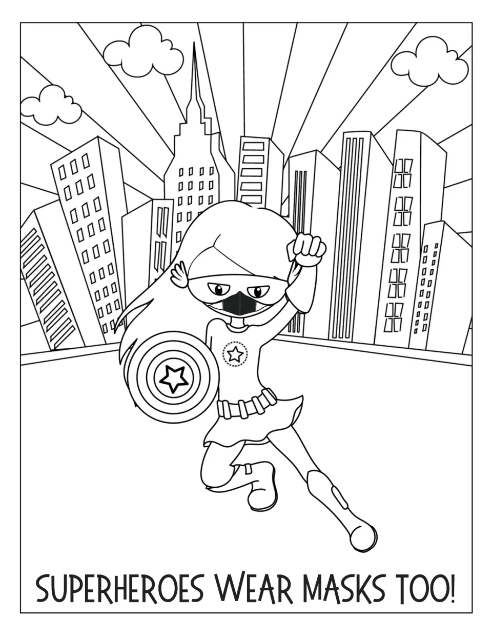 Mask-wearing hero coloring page: students color a long-haired hero with a star shield leaping through a city scene