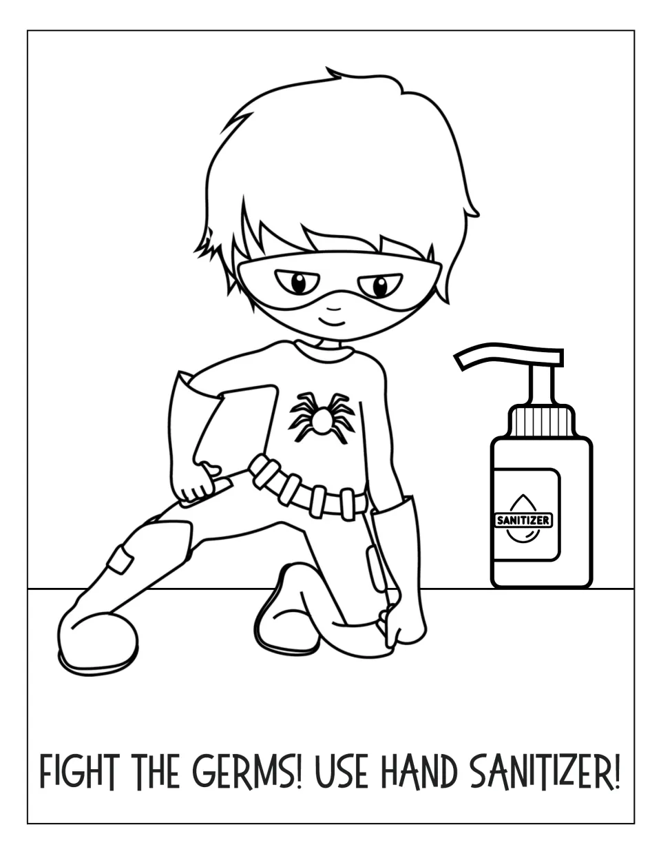 Fight the Germs! Use Hand Sanitizer! coloring page: students color a kneeling spider-emblem hero beside a sanitizer pump
