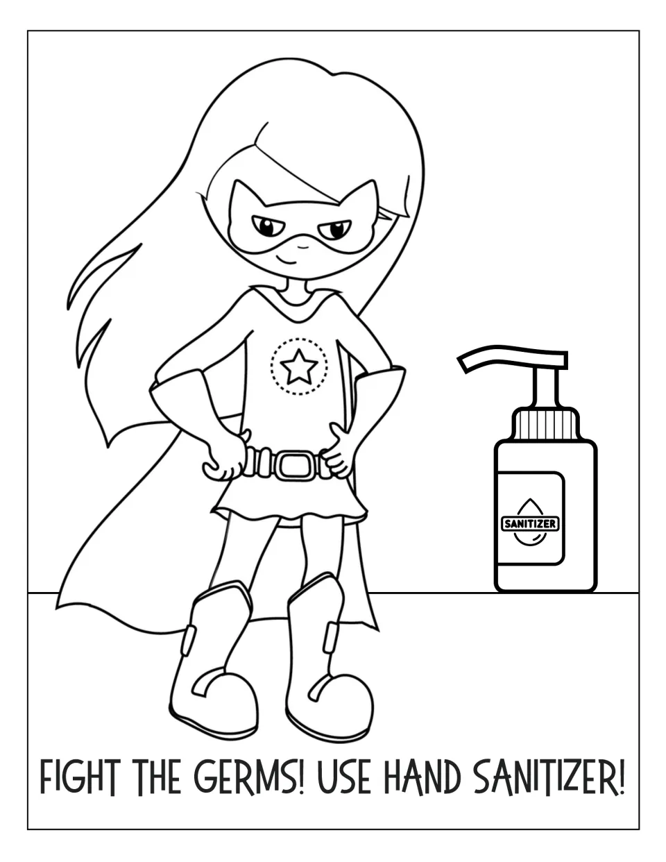 Hand sanitizer coloring page: students color a long-haired caped hero with a star emblem next to a labeled sanitizer bottle
