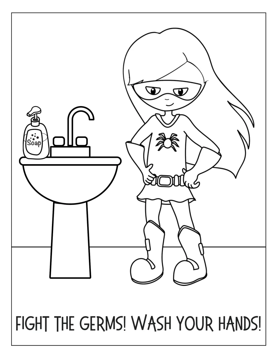 Handwashing coloring page: students color a long-haired hero with a spider emblem standing beside a sink and a soap bottle