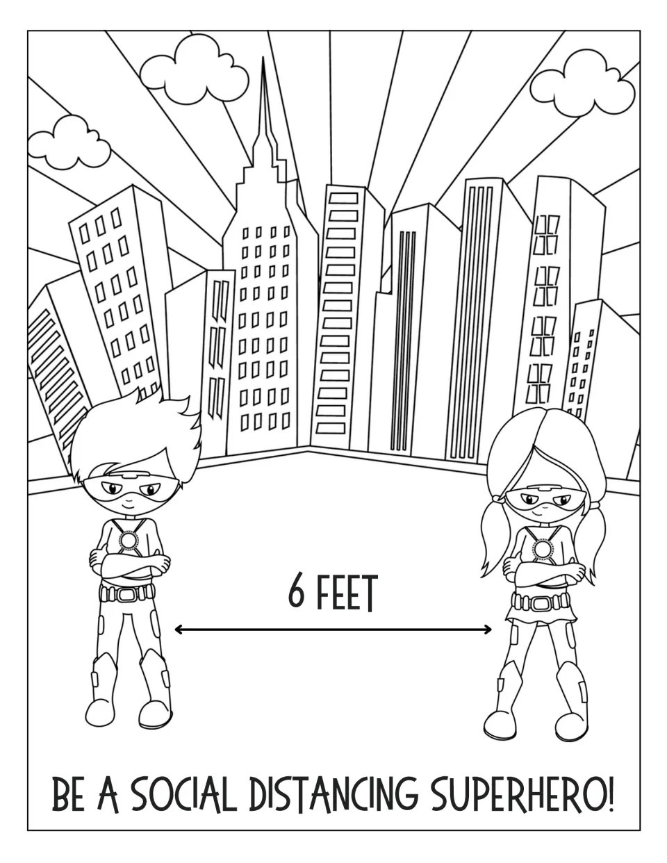 Social distancing coloring page: students color two arms-crossed heroes in a city, a 6 feet arrow marking the space apart