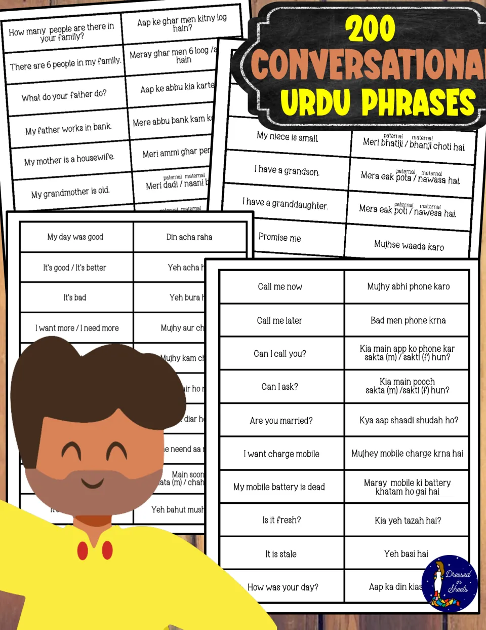 200 Conversational Urdu Phrases cover: English-to-Urdu phrase card sheets on family, phone calls and daily life
