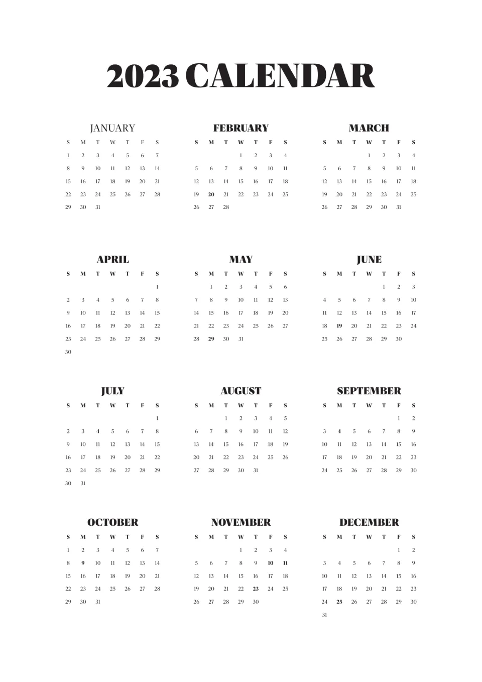 2023 year-at-a-glance: all 12 months from January to December on one page, Sunday-first weeks, a few dates in bold