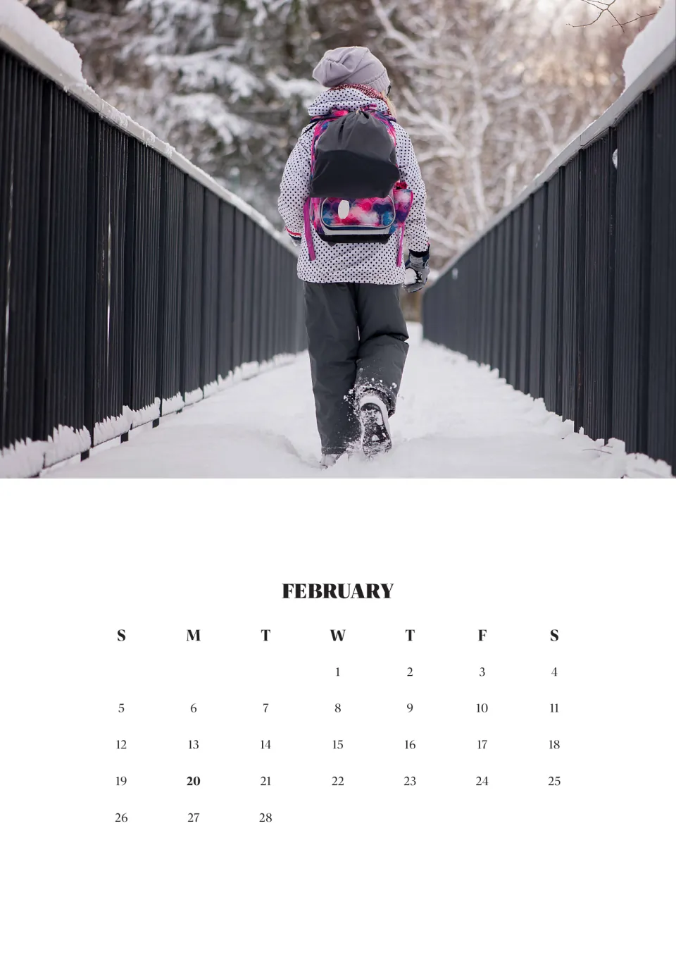 February 2023 month page with a photo of a child in a backpack walking across a snowy bridge; February 20 in bold