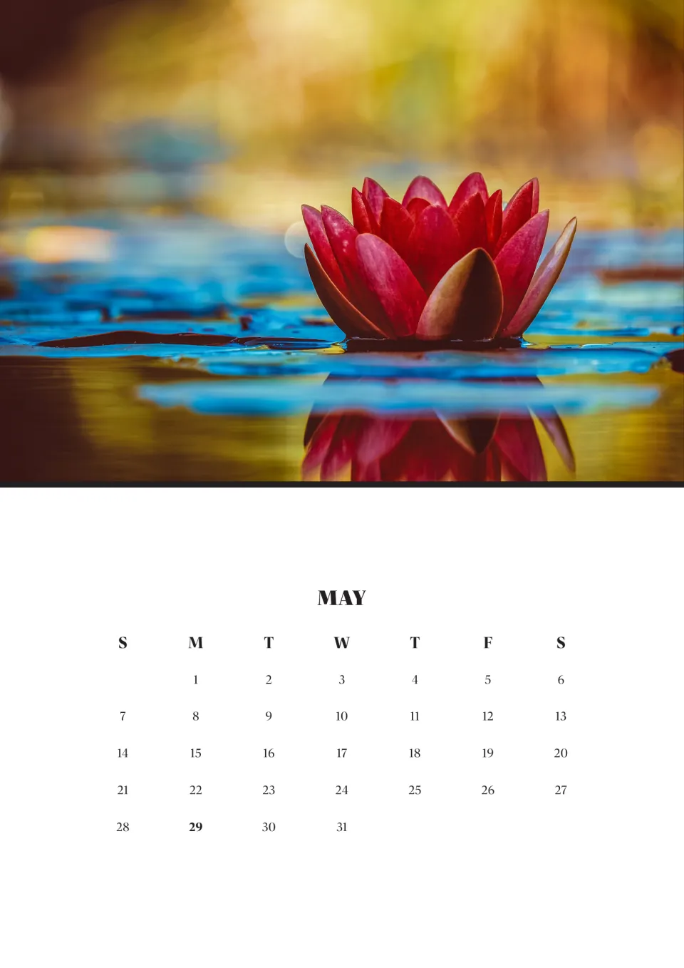 May 2023 month page under a photo of a red water lily on a pond; Monday, May 29 appears in bold