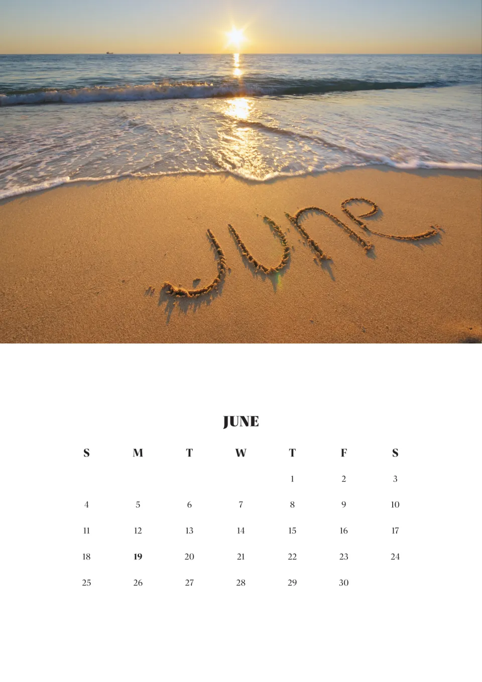 June 2023 month page below a beach photo with the word June written in the sand at sunset; June 19 shown in bold