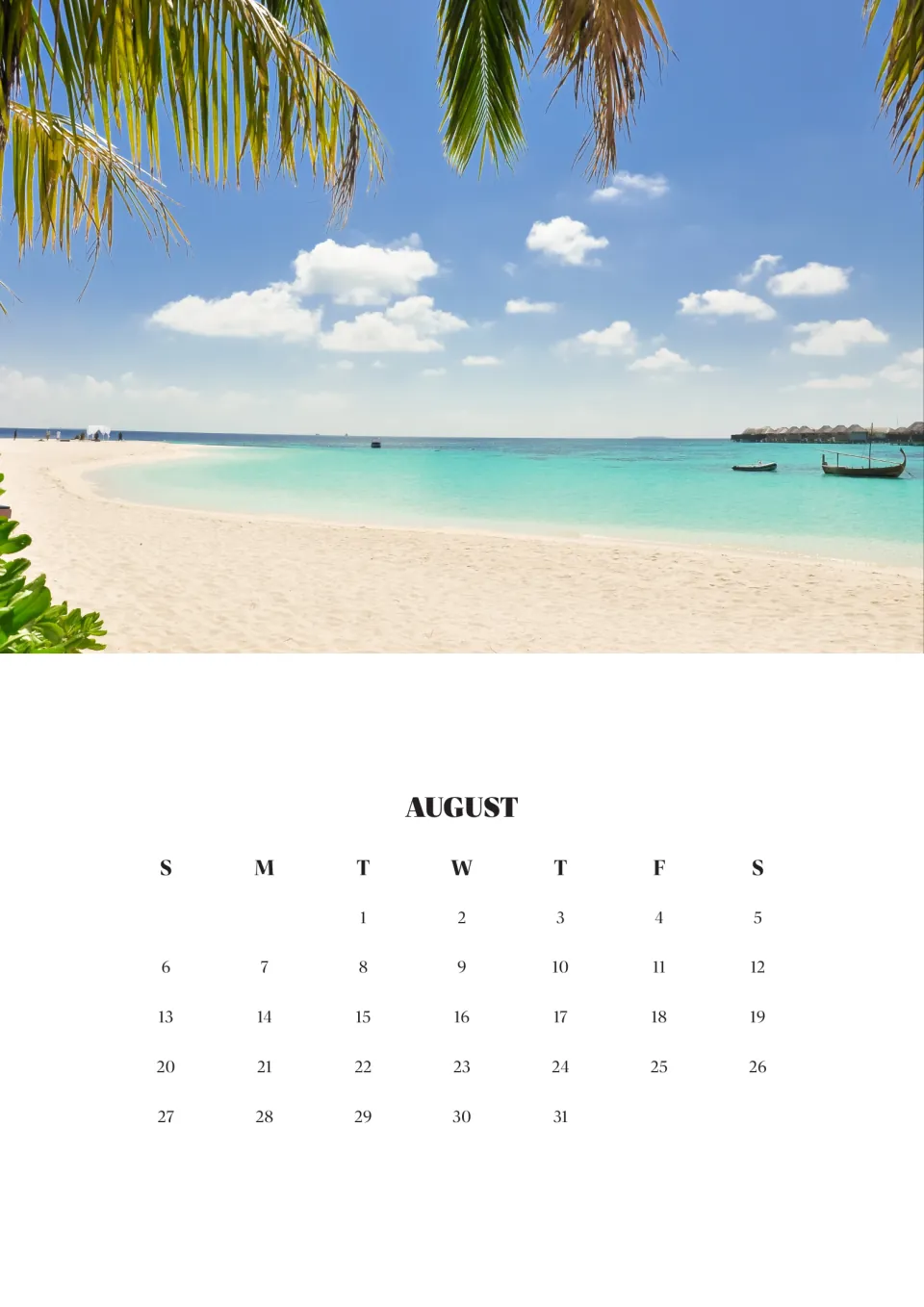 August 2023 month page, Tuesday the 1st to Thursday the 31st, under a photo of a palm-fringed tropical beach with boats