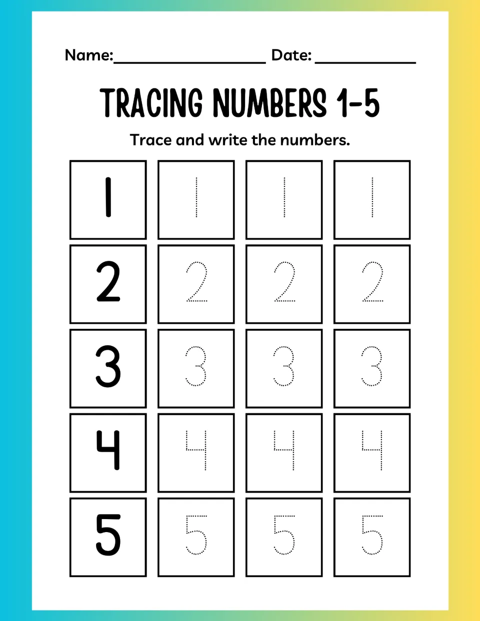 Tracing numbers 1-5: students trace each numeral three times along dotted guides to practise writing 1, 2, 3, 4 and 5